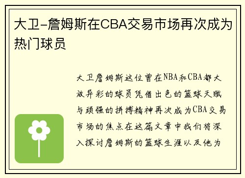 大卫-詹姆斯在CBA交易市场再次成为热门球员