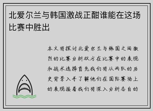 北爱尔兰与韩国激战正酣谁能在这场比赛中胜出