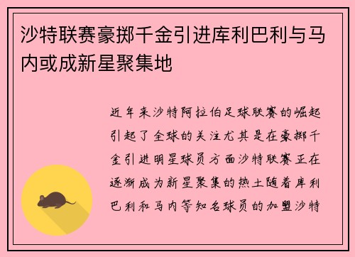 沙特联赛豪掷千金引进库利巴利与马内或成新星聚集地