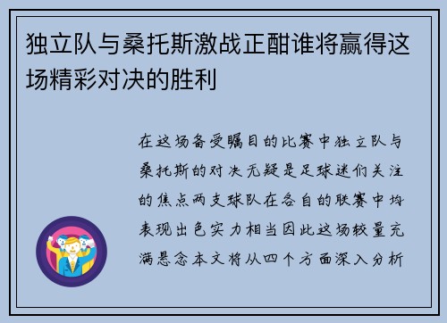 独立队与桑托斯激战正酣谁将赢得这场精彩对决的胜利