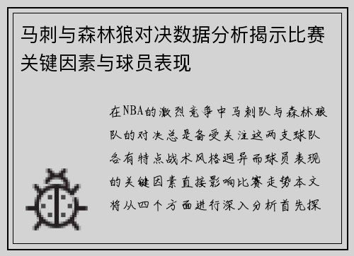 马刺与森林狼对决数据分析揭示比赛关键因素与球员表现