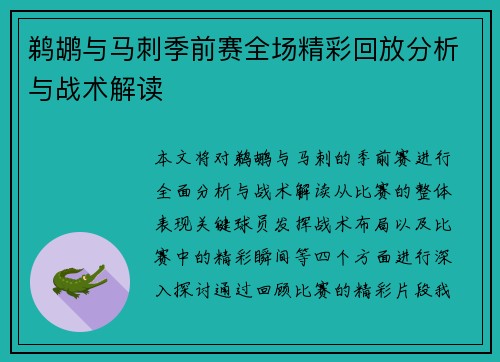鹈鹕与马刺季前赛全场精彩回放分析与战术解读