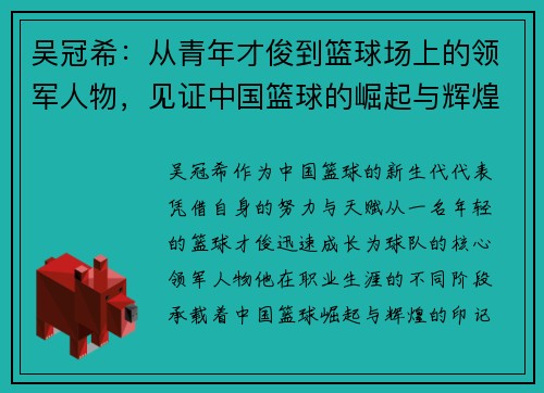 吴冠希：从青年才俊到篮球场上的领军人物，见证中国篮球的崛起与辉煌