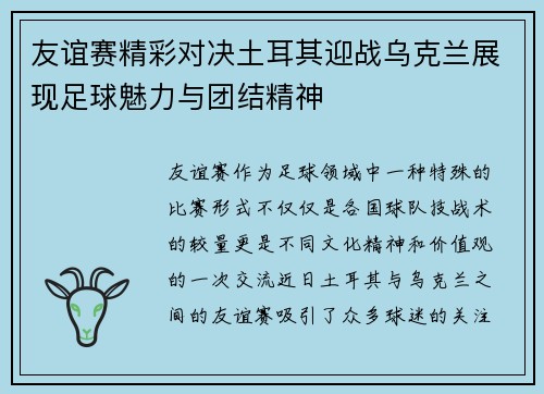 友谊赛精彩对决土耳其迎战乌克兰展现足球魅力与团结精神
