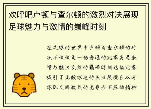 欢呼吧卢顿与查尔顿的激烈对决展现足球魅力与激情的巅峰时刻