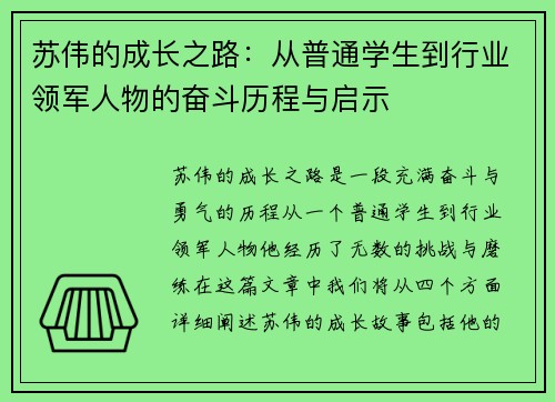 苏伟的成长之路：从普通学生到行业领军人物的奋斗历程与启示
