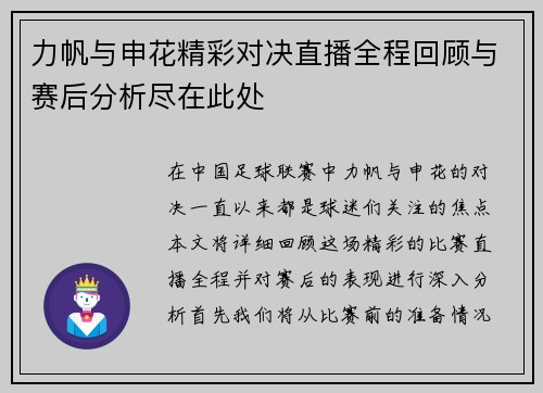 力帆与申花精彩对决直播全程回顾与赛后分析尽在此处