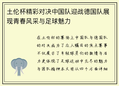 土伦杯精彩对决中国队迎战德国队展现青春风采与足球魅力