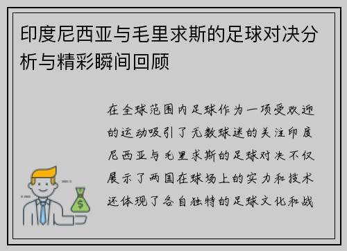 印度尼西亚与毛里求斯的足球对决分析与精彩瞬间回顾