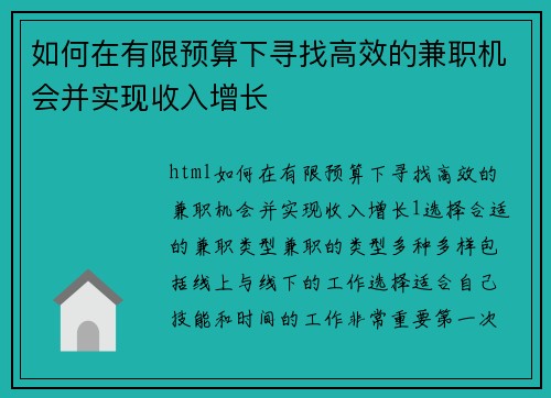 如何在有限预算下寻找高效的兼职机会并实现收入增长