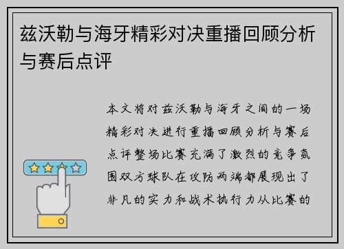 兹沃勒与海牙精彩对决重播回顾分析与赛后点评