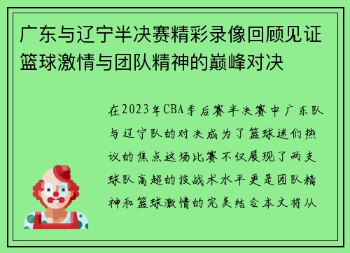 广东与辽宁半决赛精彩录像回顾见证篮球激情与团队精神的巅峰对决