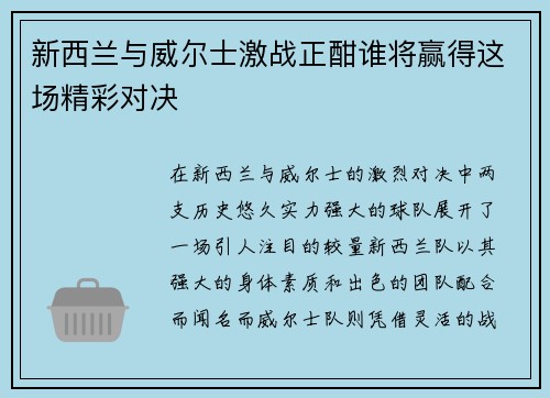 新西兰与威尔士激战正酣谁将赢得这场精彩对决