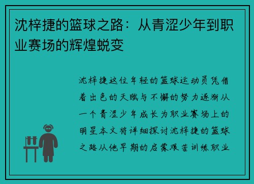 沈梓捷的篮球之路：从青涩少年到职业赛场的辉煌蜕变