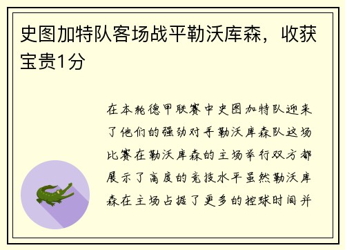 史图加特队客场战平勒沃库森，收获宝贵1分