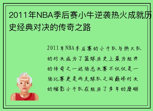 2011年NBA季后赛小牛逆袭热火成就历史经典对决的传奇之路