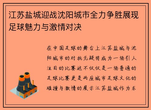 江苏盐城迎战沈阳城市全力争胜展现足球魅力与激情对决