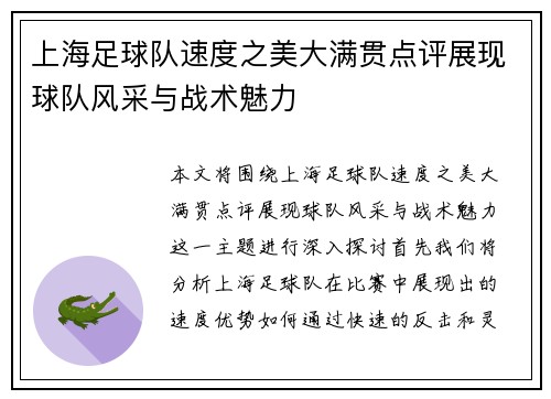 上海足球队速度之美大满贯点评展现球队风采与战术魅力