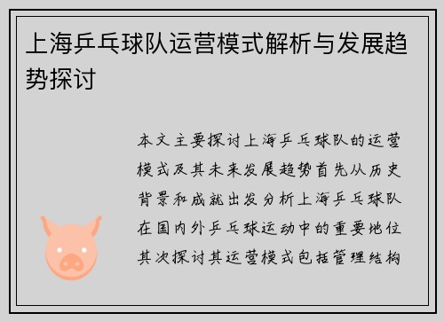 上海乒乓球队运营模式解析与发展趋势探讨
