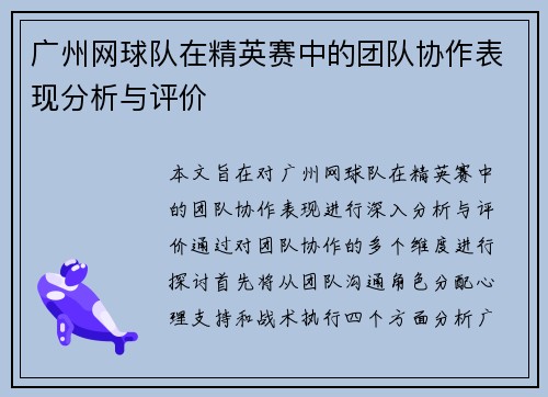 广州网球队在精英赛中的团队协作表现分析与评价