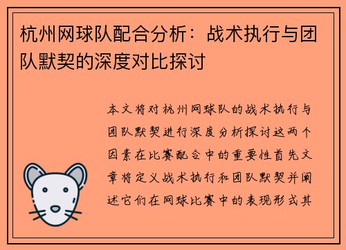 杭州网球队配合分析：战术执行与团队默契的深度对比探讨