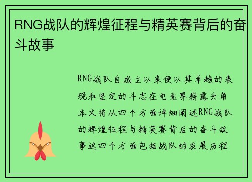 RNG战队的辉煌征程与精英赛背后的奋斗故事