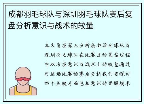 成都羽毛球队与深圳羽毛球队赛后复盘分析意识与战术的较量