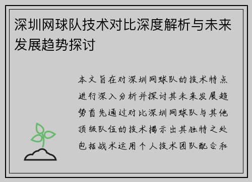 深圳网球队技术对比深度解析与未来发展趋势探讨